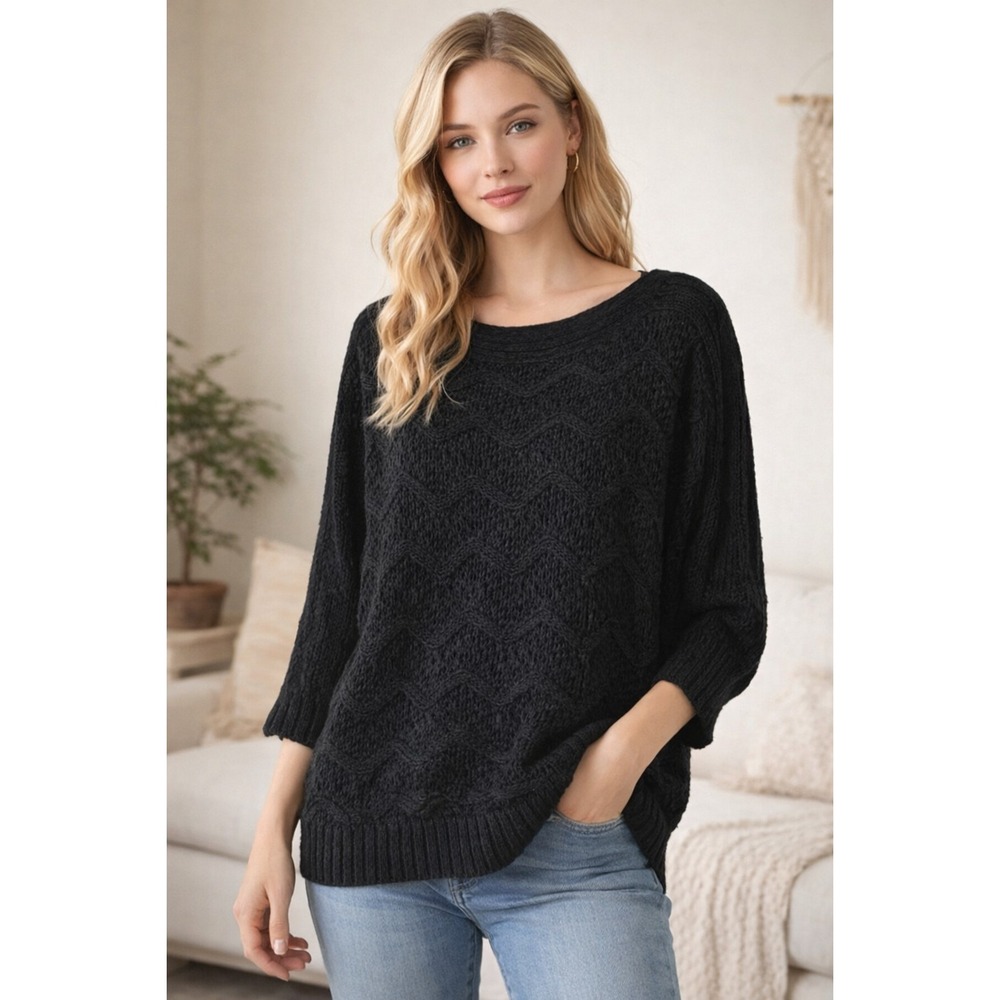 Ruby Rd Black Open Knit Sweater XL Dolman Sleeve Lightweight Textured Pullover